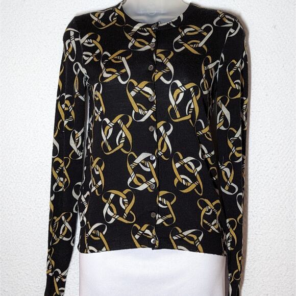 Lord & Taylor 100% Merino Wool Women Size XS Black Chain Print Design Cardigan - Picture 1 of 8